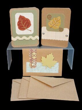3 Handmade Kraft Leaf Embellished Unisex Birthday Greeting Card Set